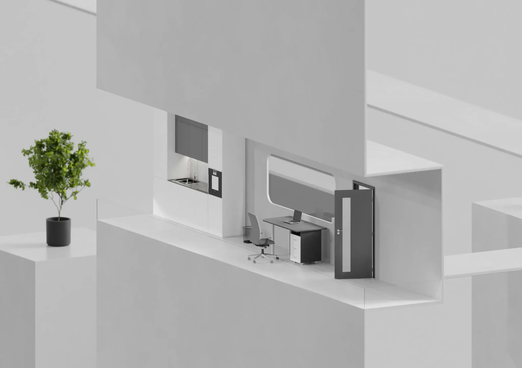 Espacios de trabajo blancos apilados como módulos, con una planta en primer plano